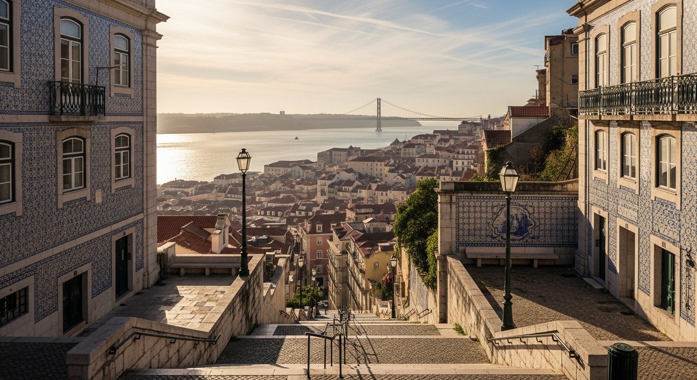 Lisbon Tagus Steps Tiles Dawn